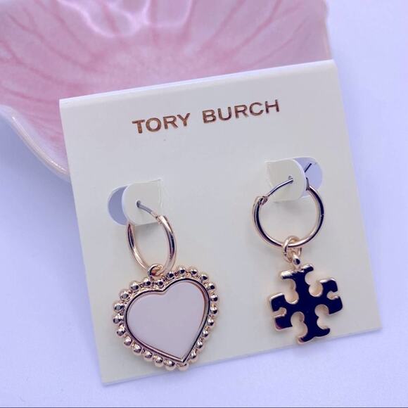 NWOT Tory Burch Gold Mix Match Heart & Double T Hoop Earrings - Picture 3 of 9